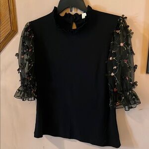 Black Top with soft ribbing and sheer black 3/4 sleeves with embroidered detail